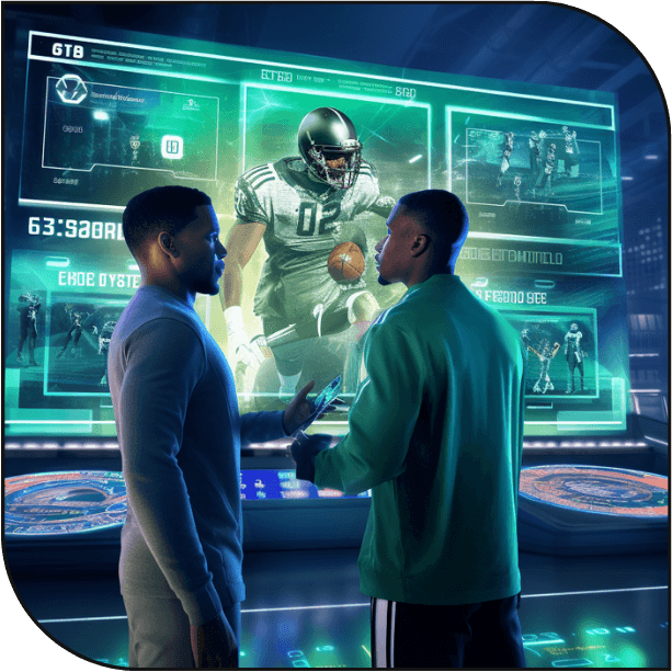 This image is of two african american males discussing a play within a futuristic innovative broadcasting platform