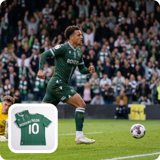 Football player on the pitch with the matching club shirt shown as a shoppable product